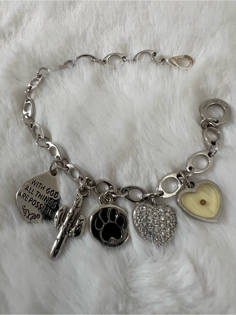 Silver Charm Bracelet with Heart & Paw Charms - Sterling Silver